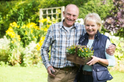 Smiling senior couple gardening together outdoors, holding a wooden basket of flowers, surrounded by vibrant yellow and green foliage on a sunny day.