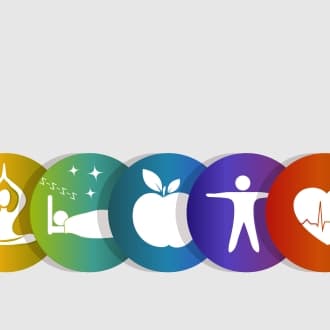 Five wellness icons for healthy senior living: yoga meditation, restful sleep, nutrition, physical activity, and heart health.