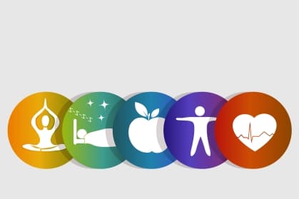 Five wellness icons for healthy senior living: yoga meditation, restful sleep, nutrition, physical activity, and heart health.