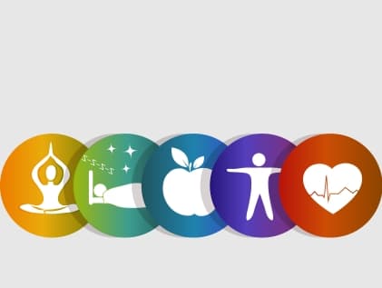 Five wellness icons for healthy senior living: yoga meditation, restful sleep, nutrition, physical activity, and heart health.